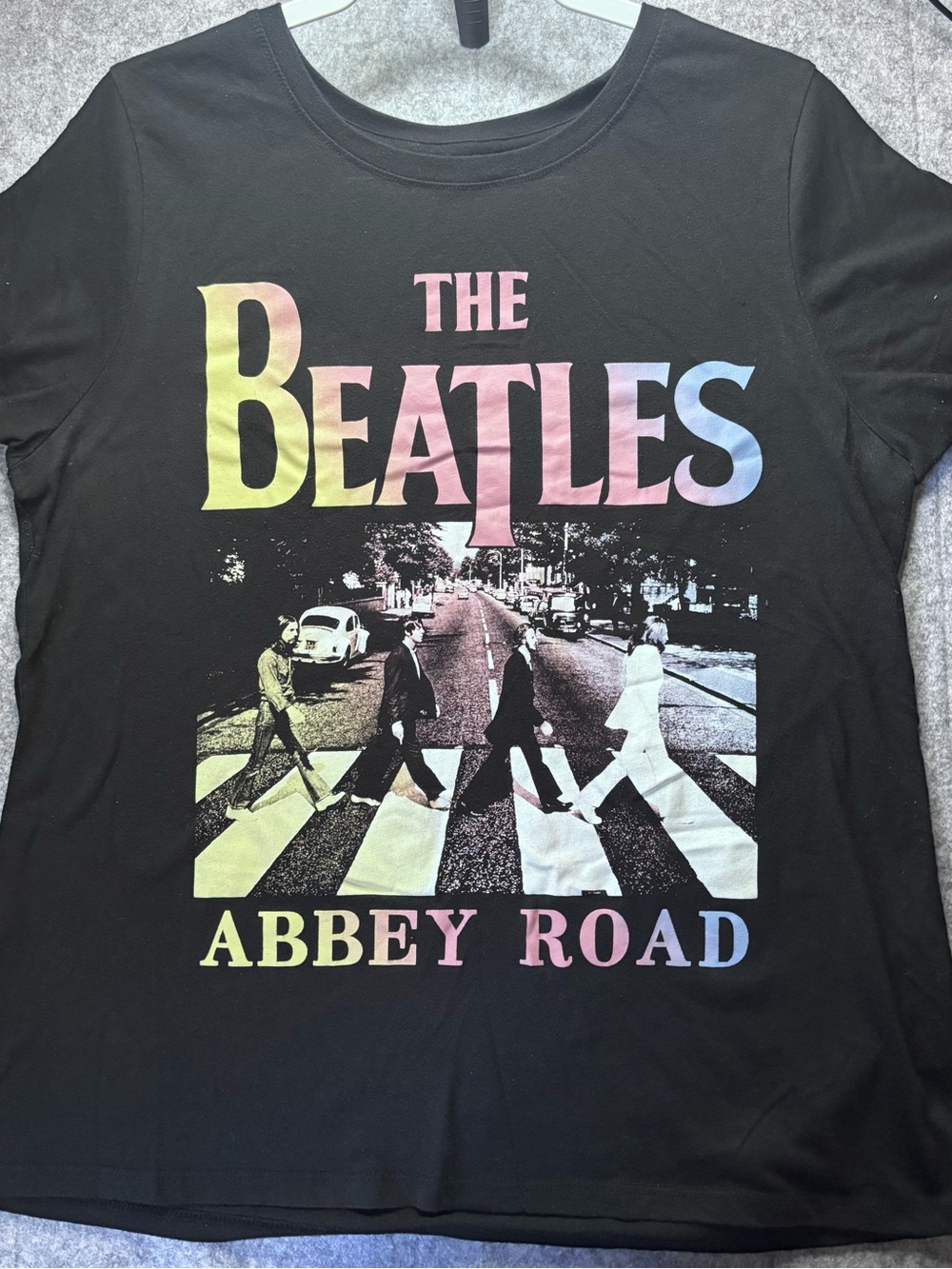 The Beatles Black Abbey Road Tee with Pastel Gradient Logo